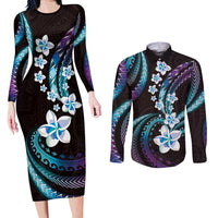 Hawaii Plumeria Couples Matching Long Sleeve Bodycon Dress and Long Sleeve Button Shirt Amethyst Gradient Polynesian Pattern