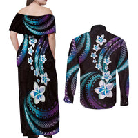 Hawaii Plumeria Couples Matching Off Shoulder Maxi Dress and Long Sleeve Button Shirt Amethyst Gradient Polynesian Pattern
