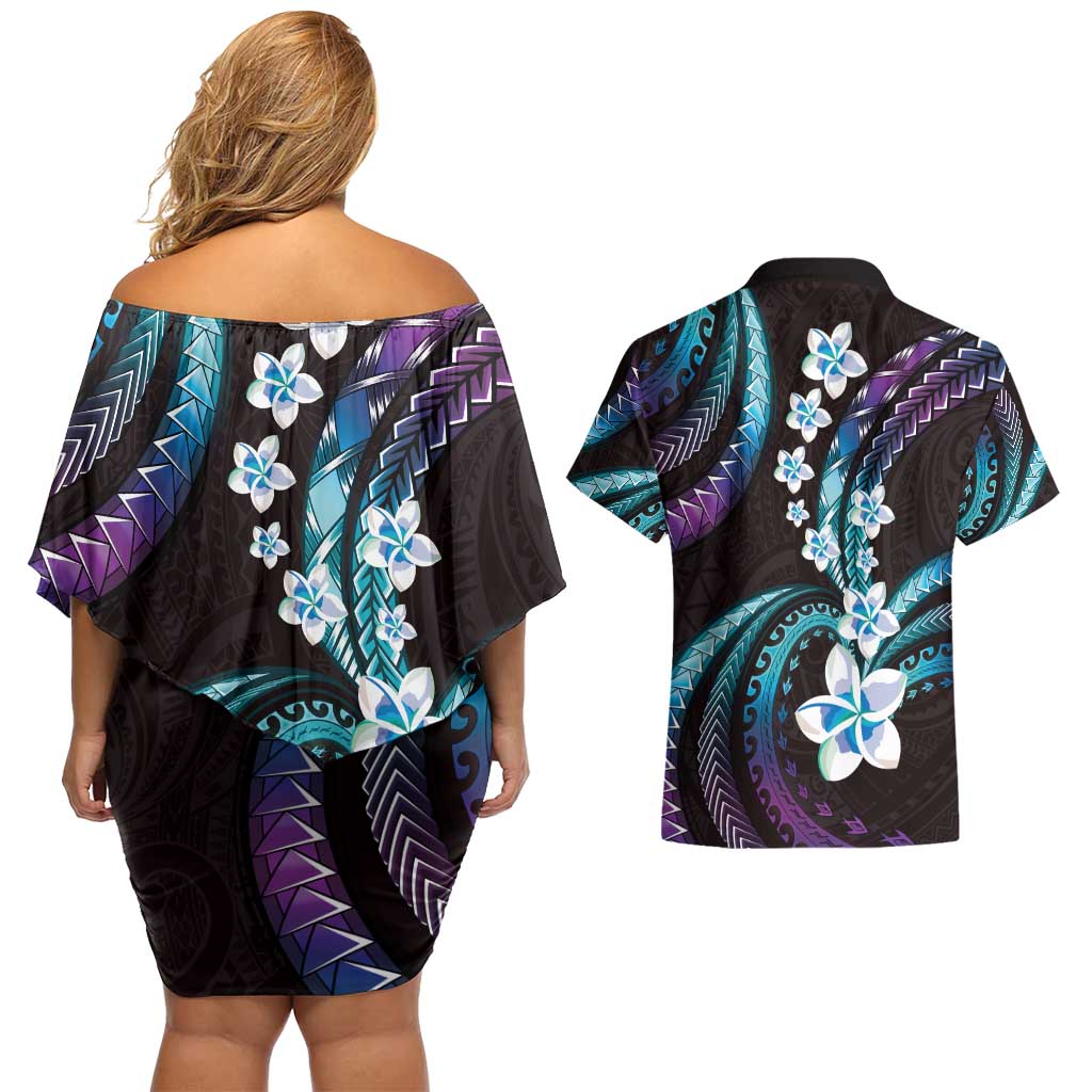 Hawaii Plumeria Couples Matching Off Shoulder Short Dress and Hawaiian Shirt Amethyst Gradient Polynesian Pattern