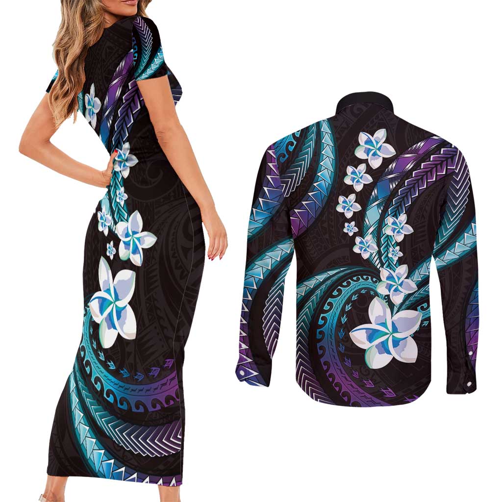 Hawaii Plumeria Couples Matching Short Sleeve Bodycon Dress and Long Sleeve Button Shirt Amethyst Gradient Polynesian Pattern