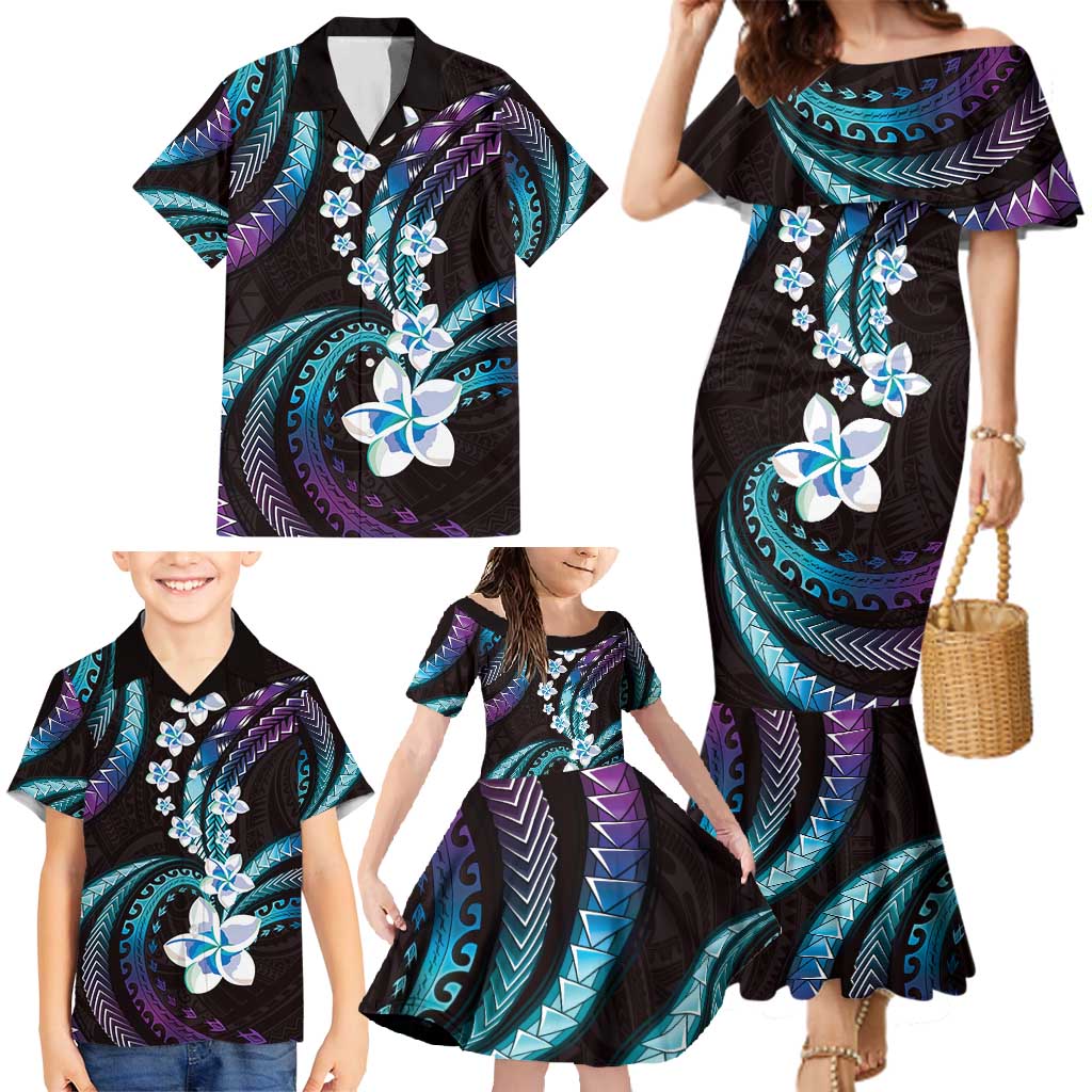 Hawaii Plumeria Family Matching Mermaid Dress and Hawaiian Shirt Amethyst Gradient Polynesian Pattern