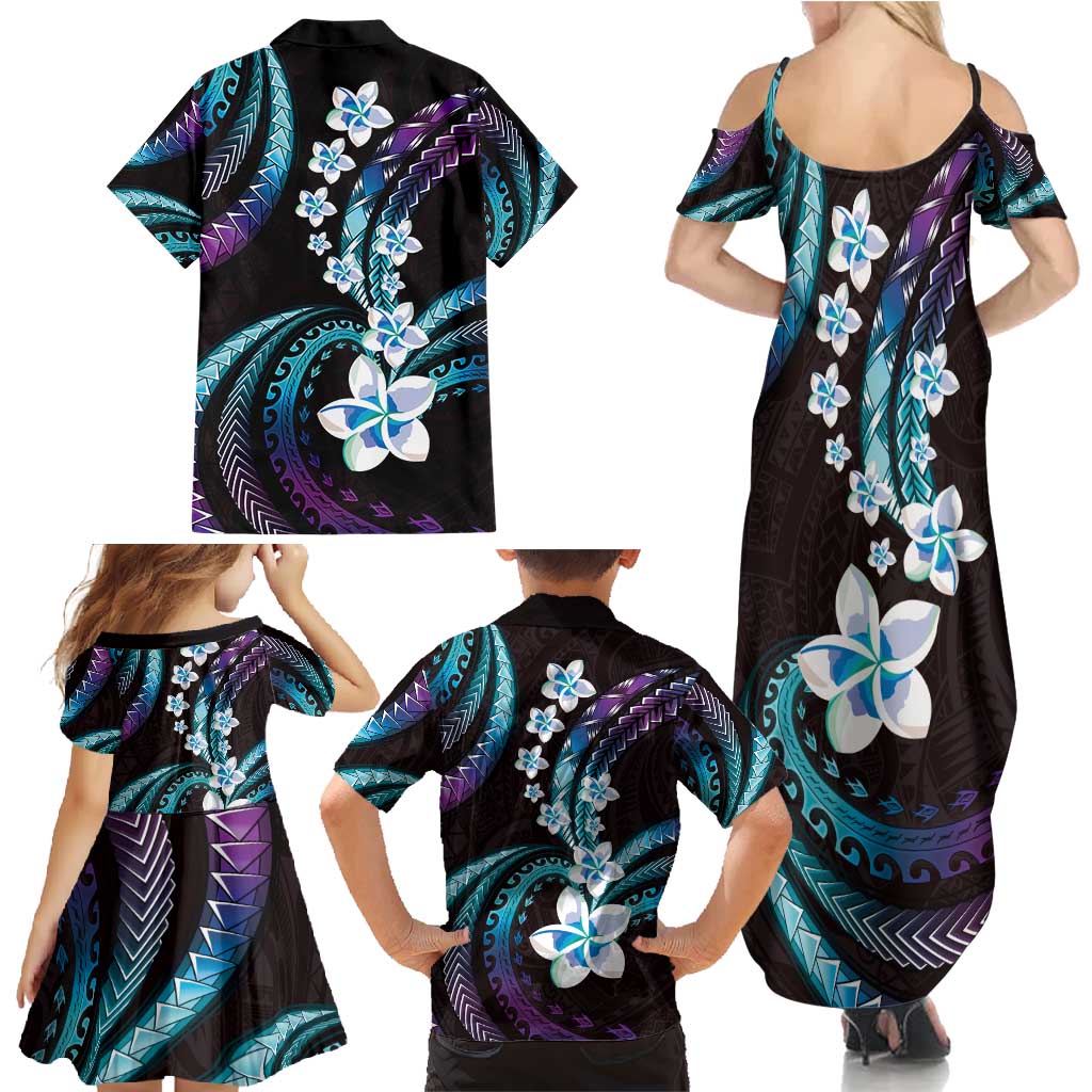 Hawaii Plumeria Family Matching Summer Maxi Dress and Hawaiian Shirt Amethyst Gradient Polynesian Pattern