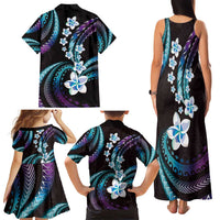 Hawaii Plumeria Family Matching Tank Maxi Dress and Hawaiian Shirt Amethyst Gradient Polynesian Pattern