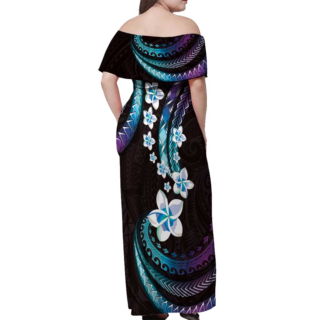 Hawaii Plumeria Off Shoulder Maxi Dress Amethyst Gradient Polynesian Pattern