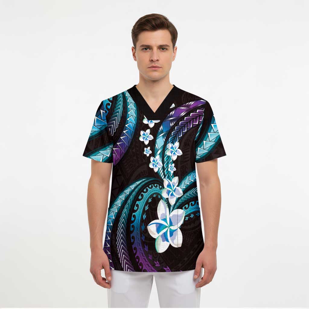 Hawaii Plumeria Scrub Top Amethyst Gradient Polynesian Pattern - Polynesian Pride