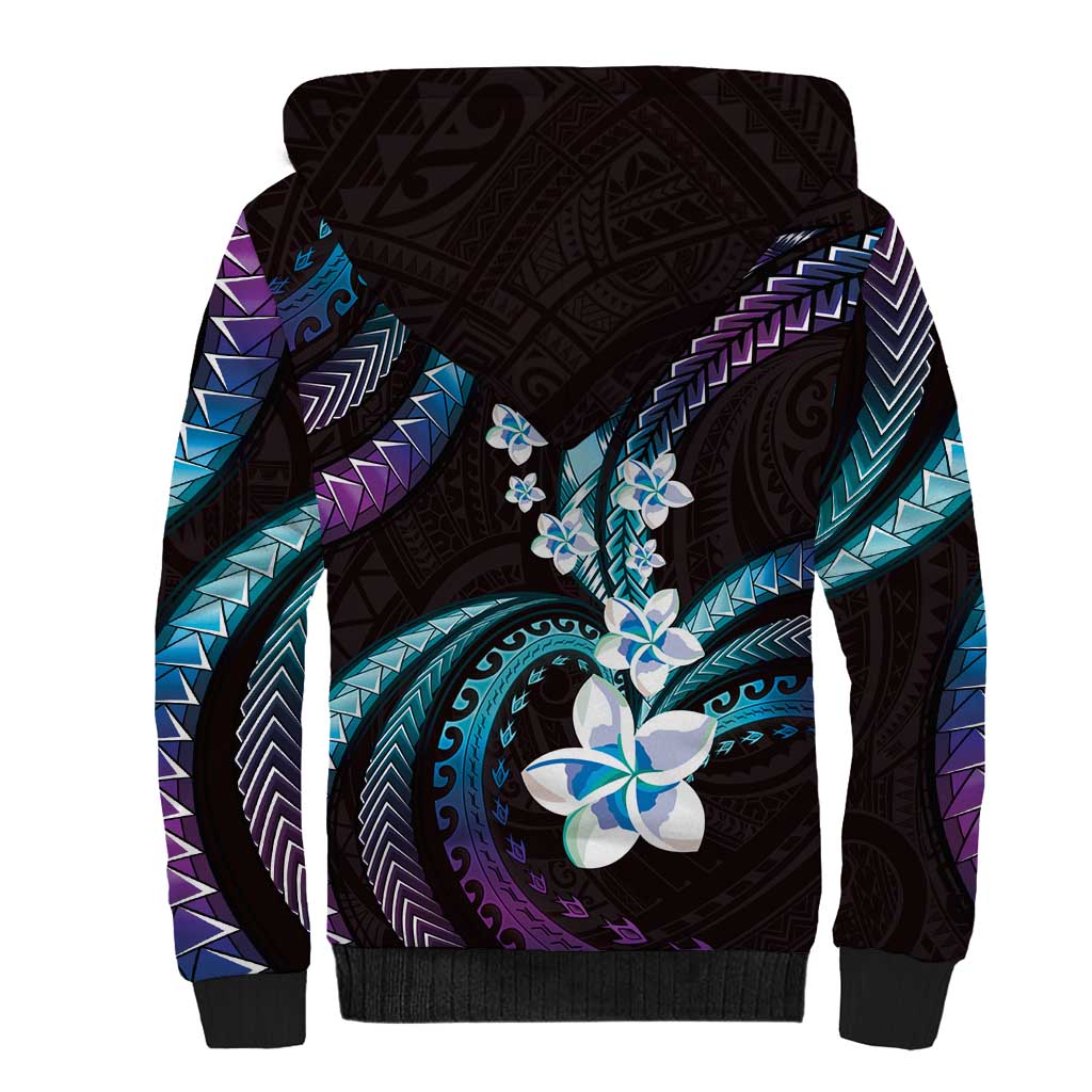 Hawaii Plumeria Sherpa Hoodie Amethyst Gradient Polynesian Pattern