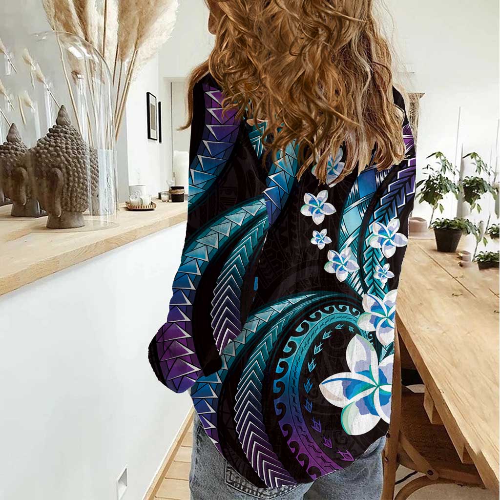 Hawaii Plumeria Women Casual Shirt Amethyst Gradient Polynesian Pattern