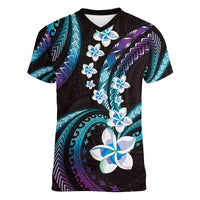 Hawaii Plumeria Women V-Neck T-Shirt Amethyst Gradient Polynesian Pattern
