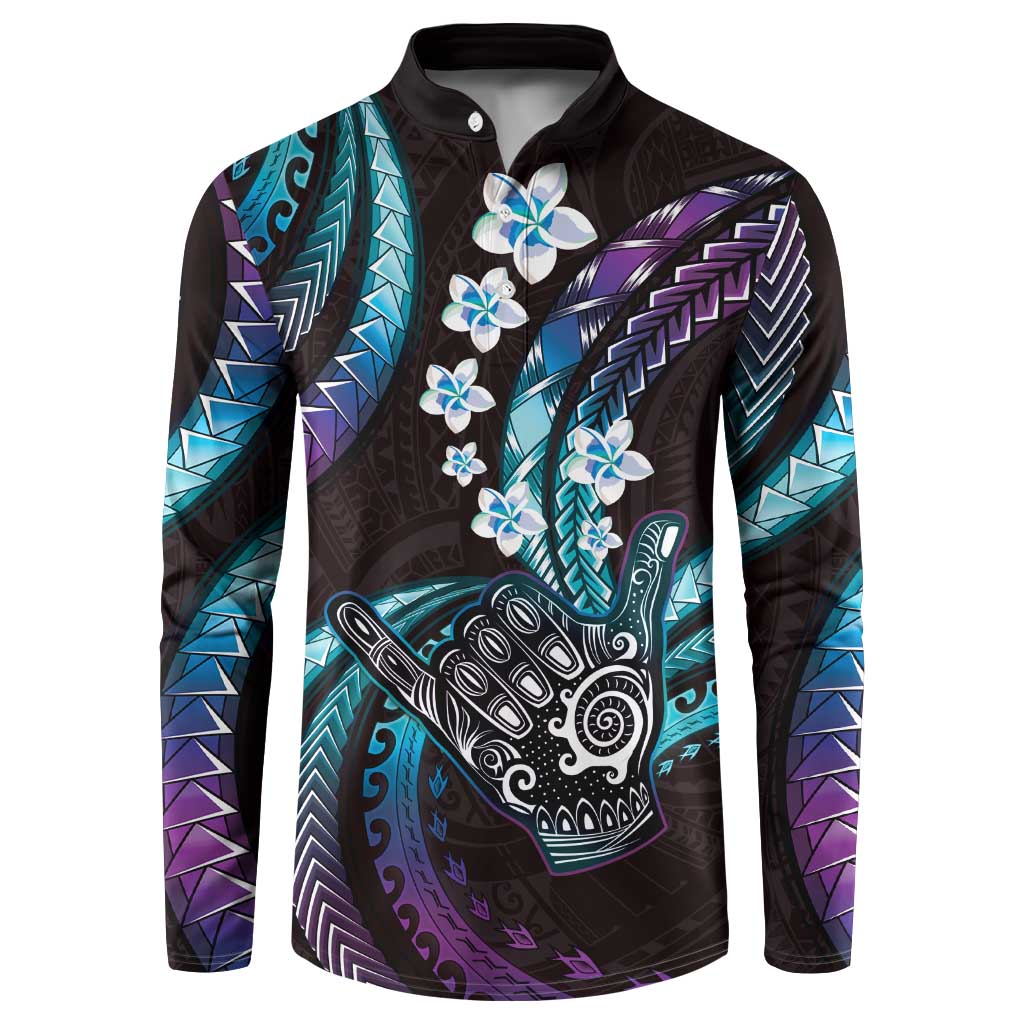 Hawaii Shaka Sign Button Sweatshirt Fantastic Frangipani Amethyst Gradient