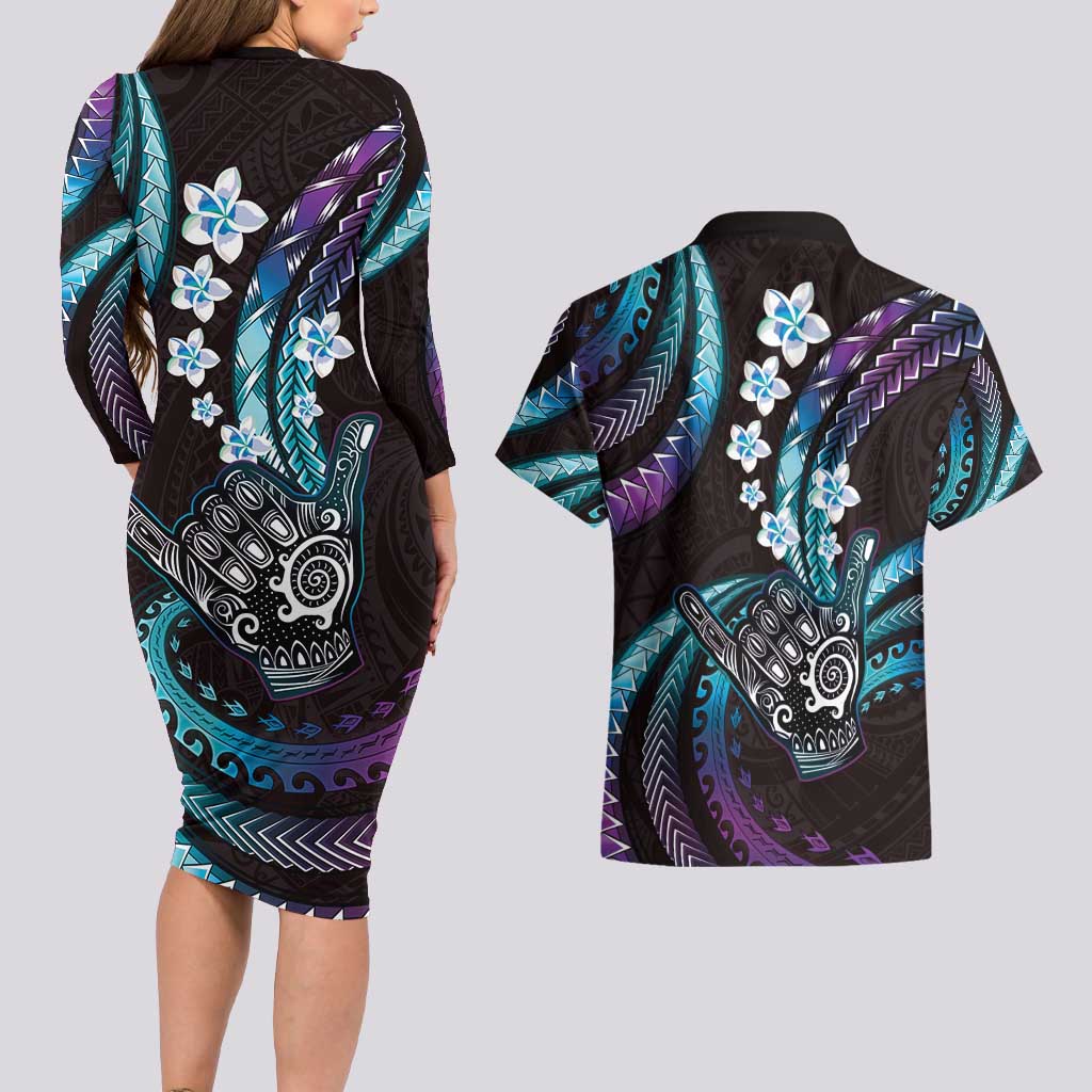 Hawaii Shaka Sign Couples Matching Long Sleeve Bodycon Dress and Hawaiian Shirt Fantastic Frangipani Amethyst Gradient