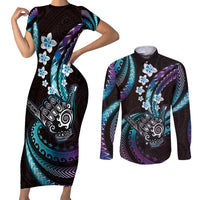 Hawaii Shaka Sign Couples Matching Short Sleeve Bodycon Dress and Long Sleeve Button Shirt Fantastic Frangipani Amethyst Gradient