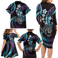 Hawaii Shaka Sign Family Matching Long Sleeve Bodycon Dress and Hawaiian Shirt Fantastic Frangipani Amethyst Gradient