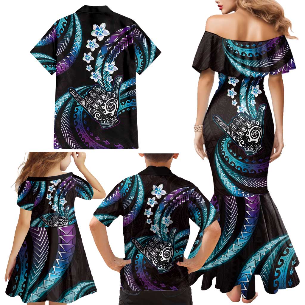 Hawaii Shaka Sign Family Matching Mermaid Dress and Hawaiian Shirt Fantastic Frangipani Amethyst Gradient