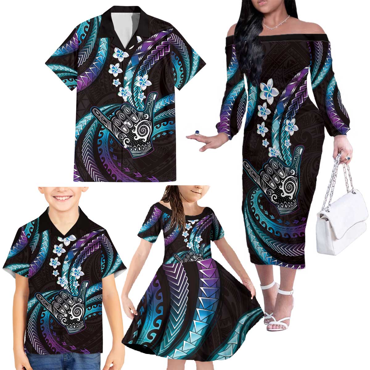 Hawaii Shaka Sign Family Matching Off The Shoulder Long Sleeve Dress and Hawaiian Shirt Fantastic Frangipani Amethyst Gradient