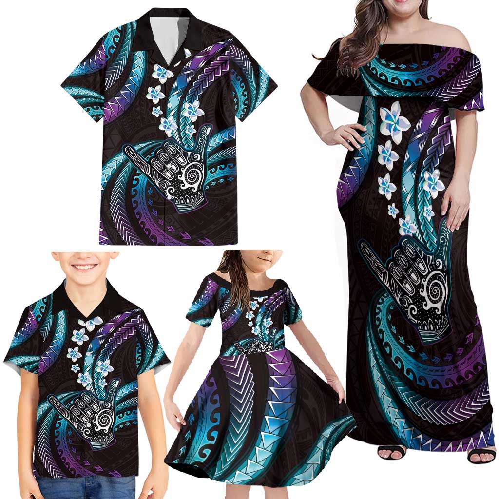 Hawaii Shaka Sign Family Matching Off Shoulder Maxi Dress and Hawaiian Shirt Fantastic Frangipani Amethyst Gradient
