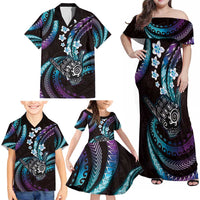 Hawaii Shaka Sign Family Matching Off Shoulder Maxi Dress and Hawaiian Shirt Fantastic Frangipani Amethyst Gradient