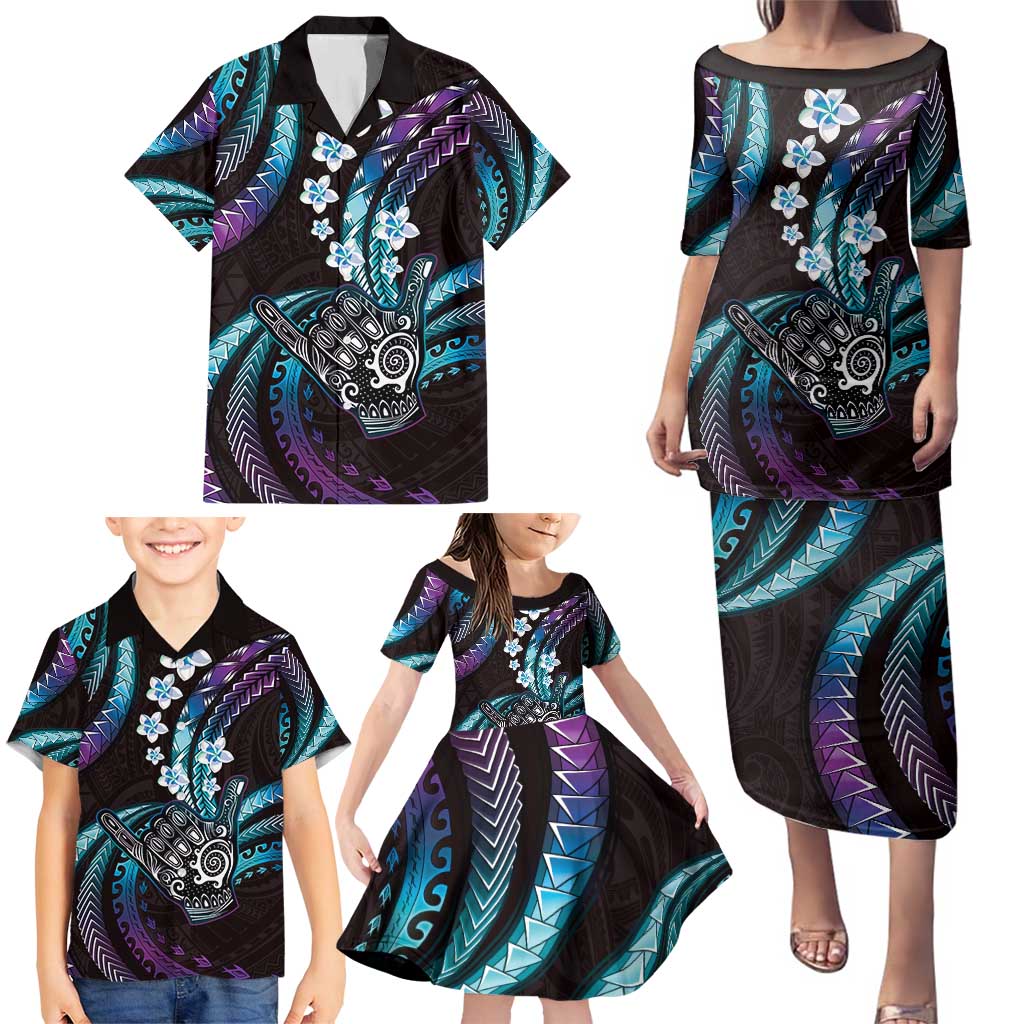 Hawaii Shaka Sign Family Matching Puletasi and Hawaiian Shirt Fantastic Frangipani Amethyst Gradient