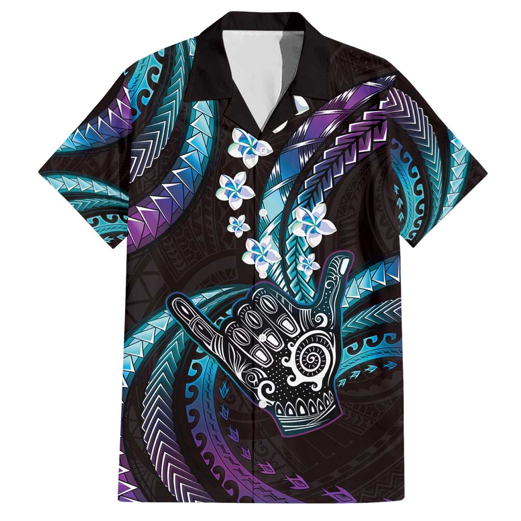 Hawaii Shaka Sign Family Matching Short Sleeve Bodycon Dress and Hawaiian Shirt Fantastic Frangipani Amethyst Gradient