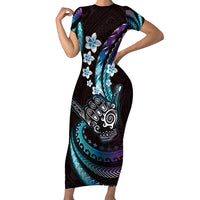 Hawaii Shaka Sign Family Matching Short Sleeve Bodycon Dress and Hawaiian Shirt Fantastic Frangipani Amethyst Gradient