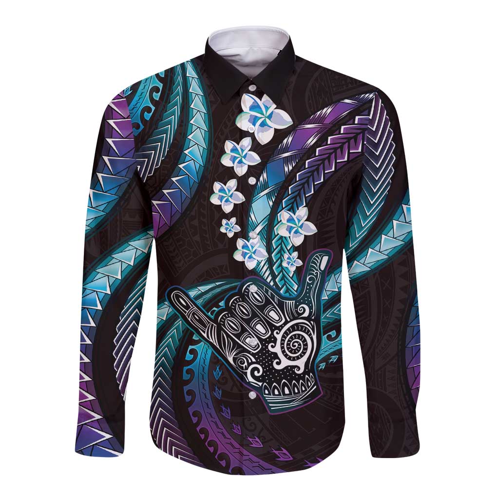 Hawaii Shaka Sign Long Sleeve Button Shirt Fantastic Frangipani Amethyst Gradient