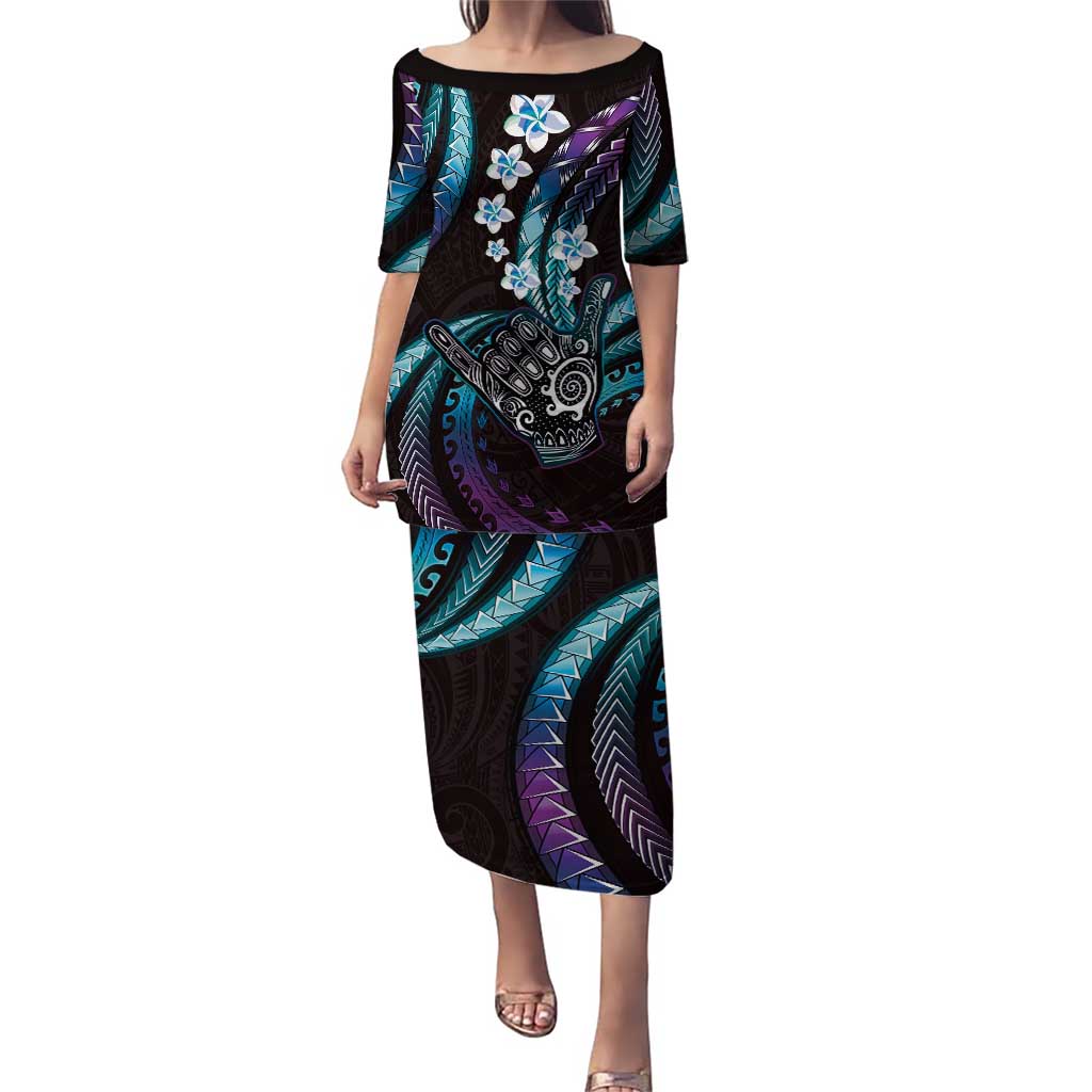 Hawaii Shaka Sign Puletasi Fantastic Frangipani Amethyst Gradient