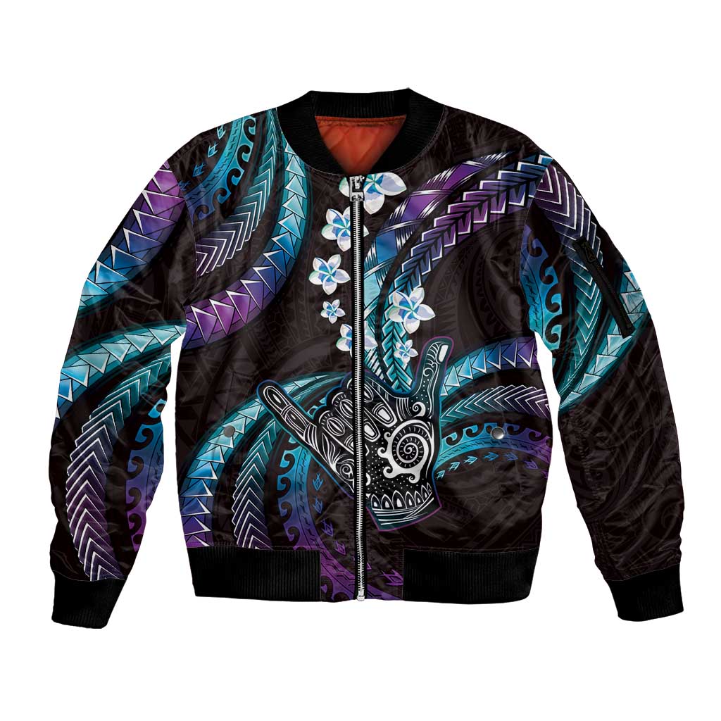 Hawaii Shaka Sign Sleeve Zip Bomber Jacket Fantastic Frangipani Amethyst Gradient