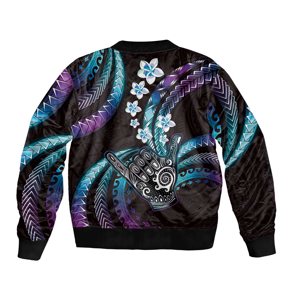 Hawaii Shaka Sign Sleeve Zip Bomber Jacket Fantastic Frangipani Amethyst Gradient