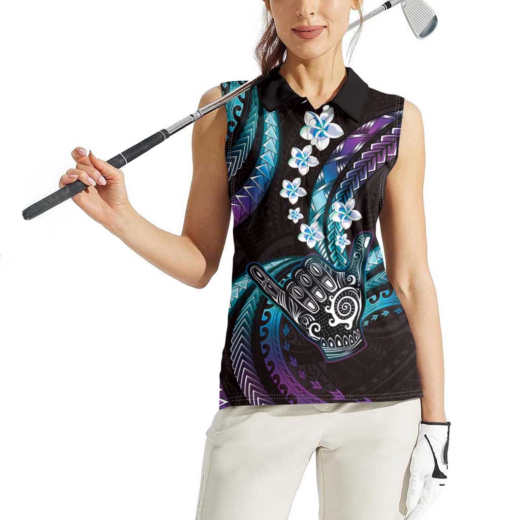 Hawaii Shaka Sign Women Sleeveless Polo Shirt Fantastic Frangipani Amethyst Gradient
