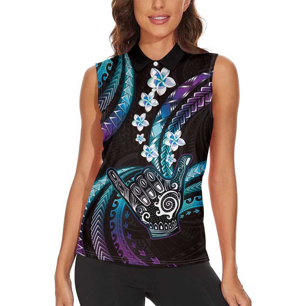 Hawaii Shaka Sign Women Sleeveless Polo Shirt Fantastic Frangipani Amethyst Gradient