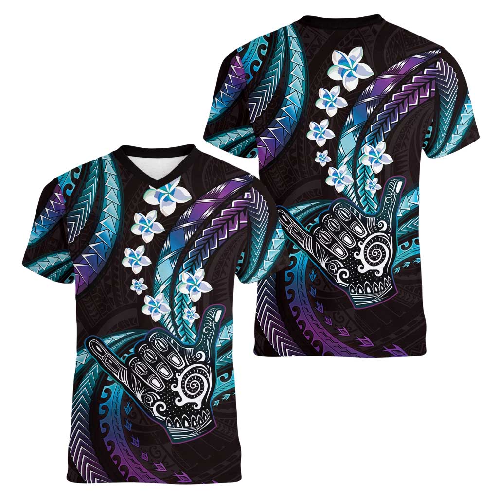 Hawaii Shaka Sign Women V-Neck T-Shirt Fantastic Frangipani Amethyst Gradient