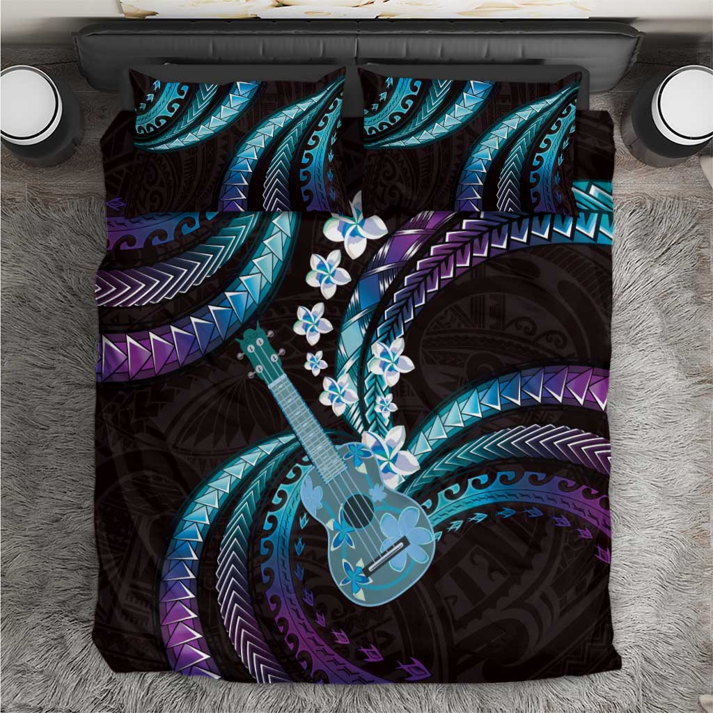 Hawaiian Ukulele Bedding Set Amethyst Gradient Fantastic Plumeria