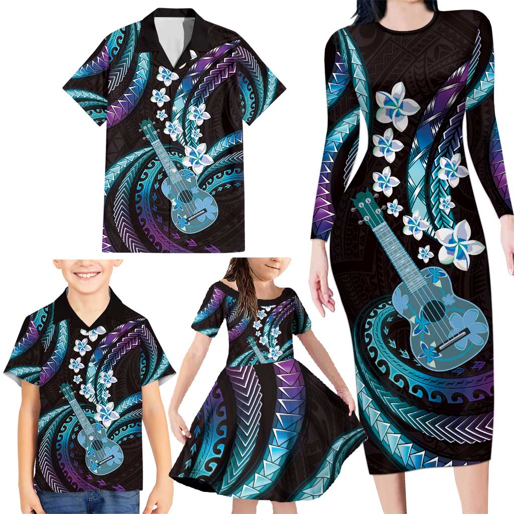 Hawaiian Ukulele Family Matching Long Sleeve Bodycon Dress and Hawaiian Shirt Amethyst Gradient Fantastic Plumeria