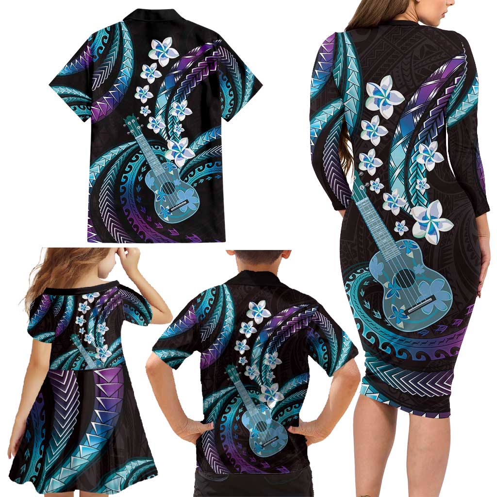 Hawaiian Ukulele Family Matching Long Sleeve Bodycon Dress and Hawaiian Shirt Amethyst Gradient Fantastic Plumeria