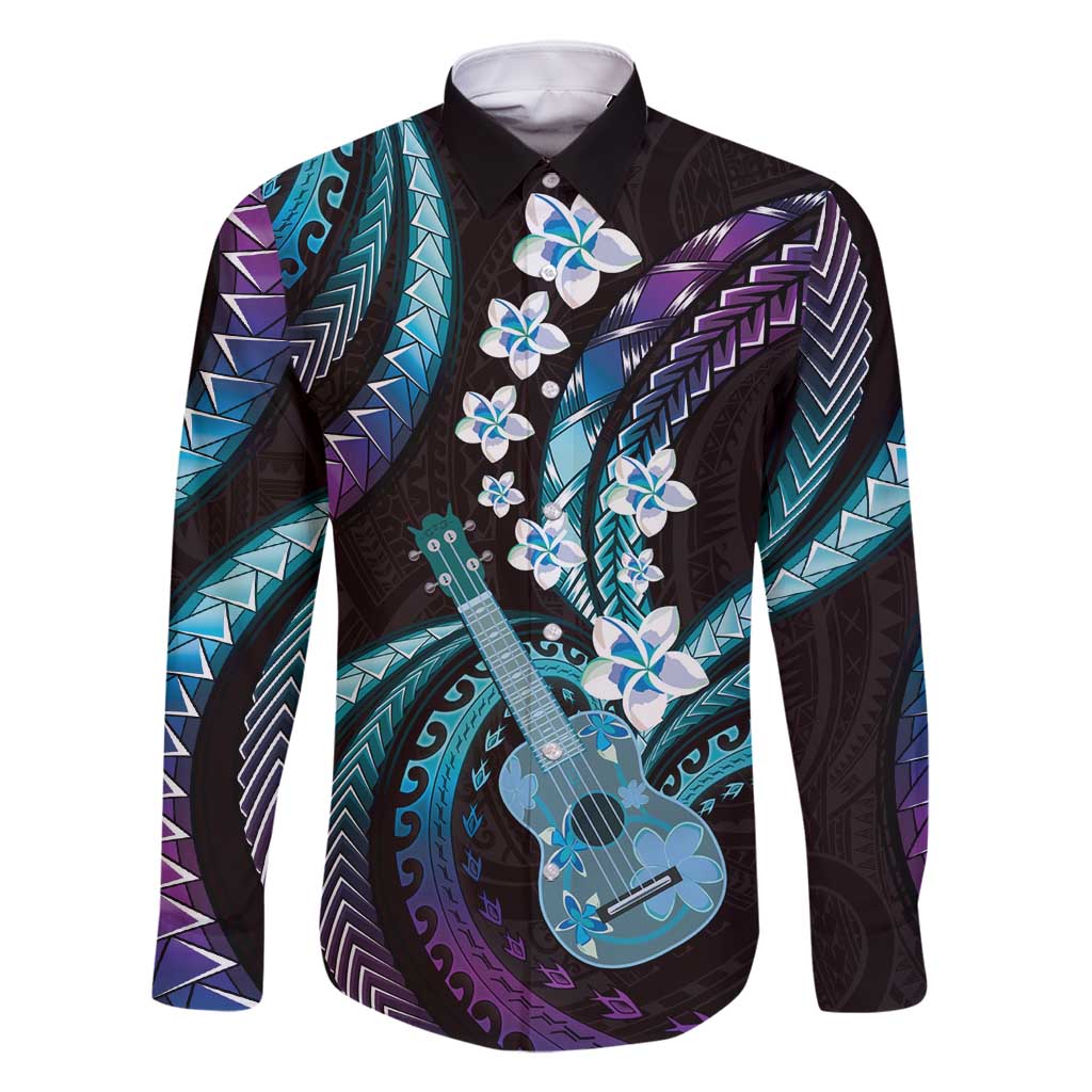 Hawaiian Ukulele Family Matching Long Sleeve Bodycon Dress and Hawaiian Shirt Amethyst Gradient Fantastic Plumeria