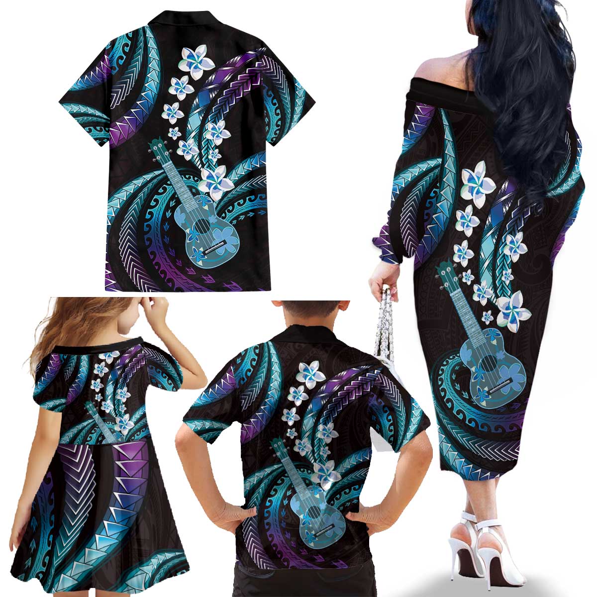 Hawaiian Ukulele Family Matching Off The Shoulder Long Sleeve Dress and Hawaiian Shirt Amethyst Gradient Fantastic Plumeria