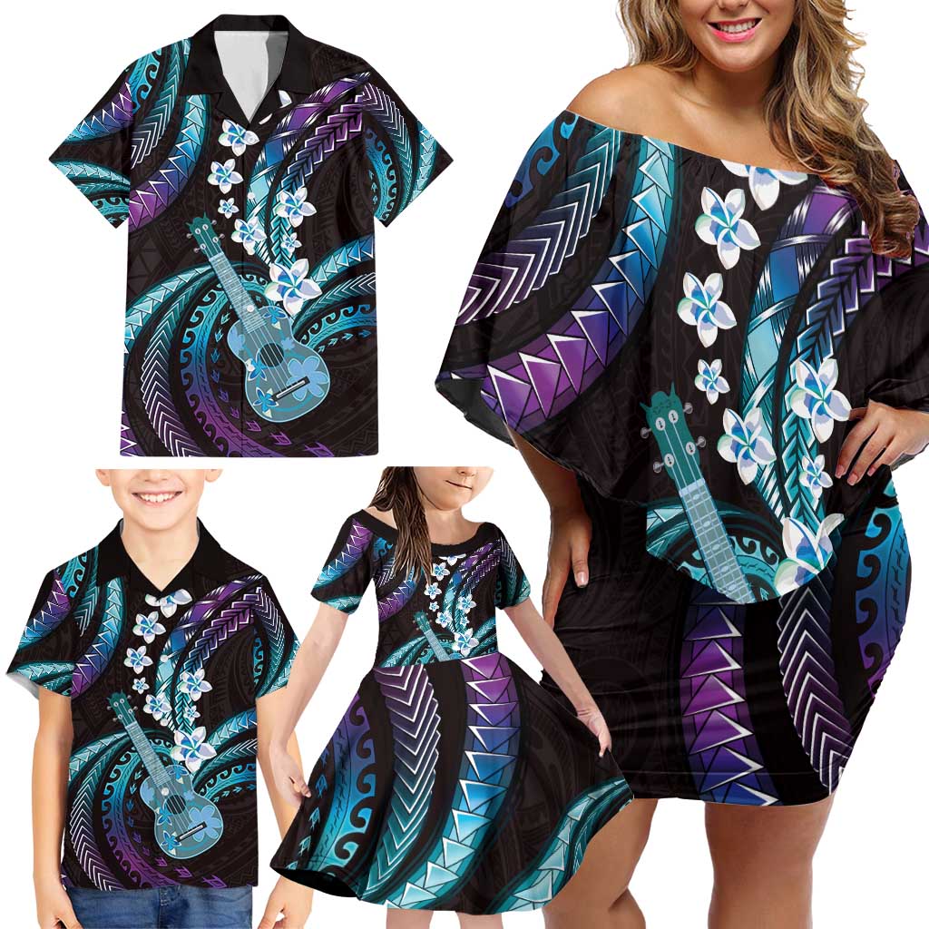 Hawaiian Ukulele Family Matching Off Shoulder Short Dress and Hawaiian Shirt Amethyst Gradient Fantastic Plumeria