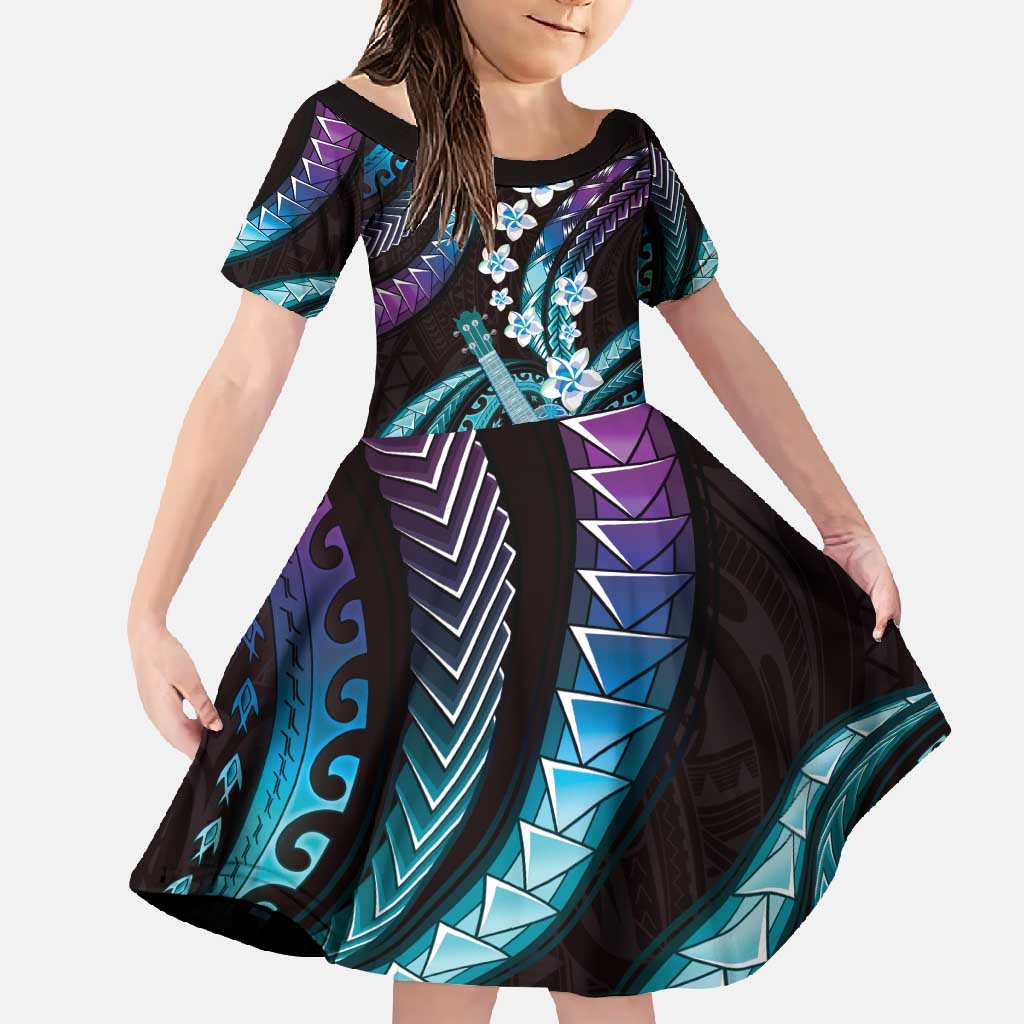 Hawaiian Ukulele Family Matching Short Sleeve Bodycon Dress and Hawaiian Shirt Amethyst Gradient Fantastic Plumeria