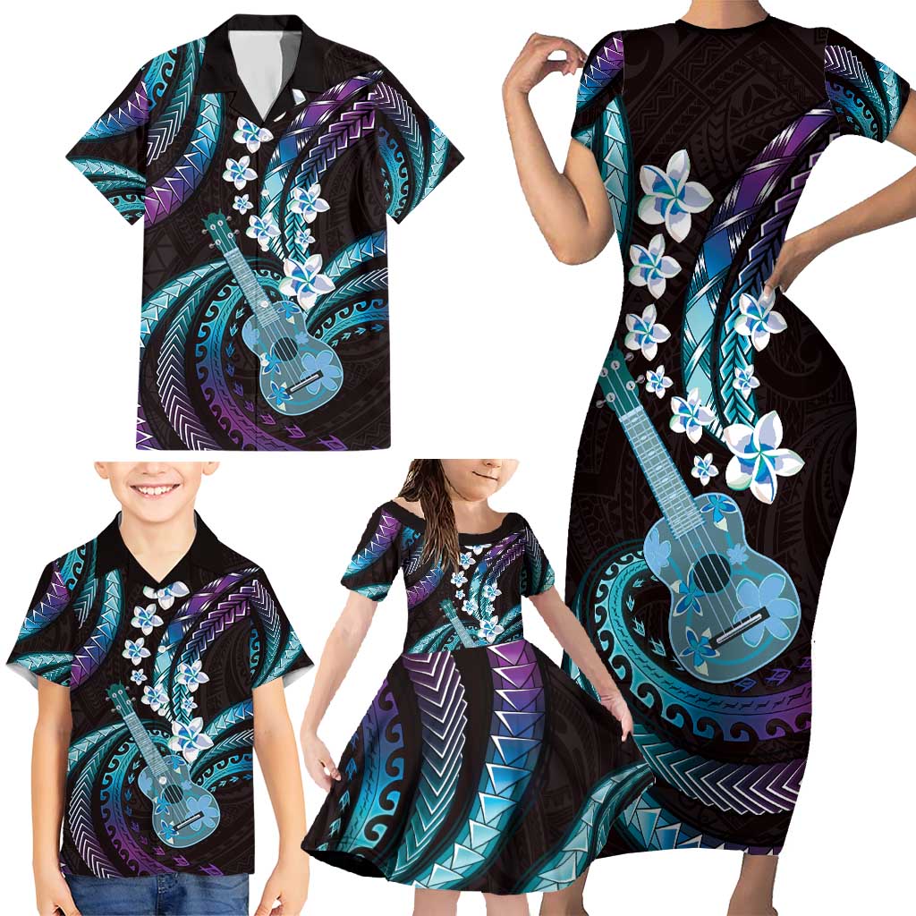 Hawaiian Ukulele Family Matching Short Sleeve Bodycon Dress and Hawaiian Shirt Amethyst Gradient Fantastic Plumeria