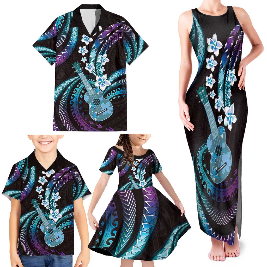 Hawaiian Ukulele Family Matching Tank Maxi Dress and Hawaiian Shirt Amethyst Gradient Fantastic Plumeria