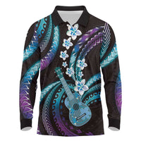 Hawaiian Ukulele Long Sleeve Polo Shirt Amethyst Gradient Fantastic Plumeria