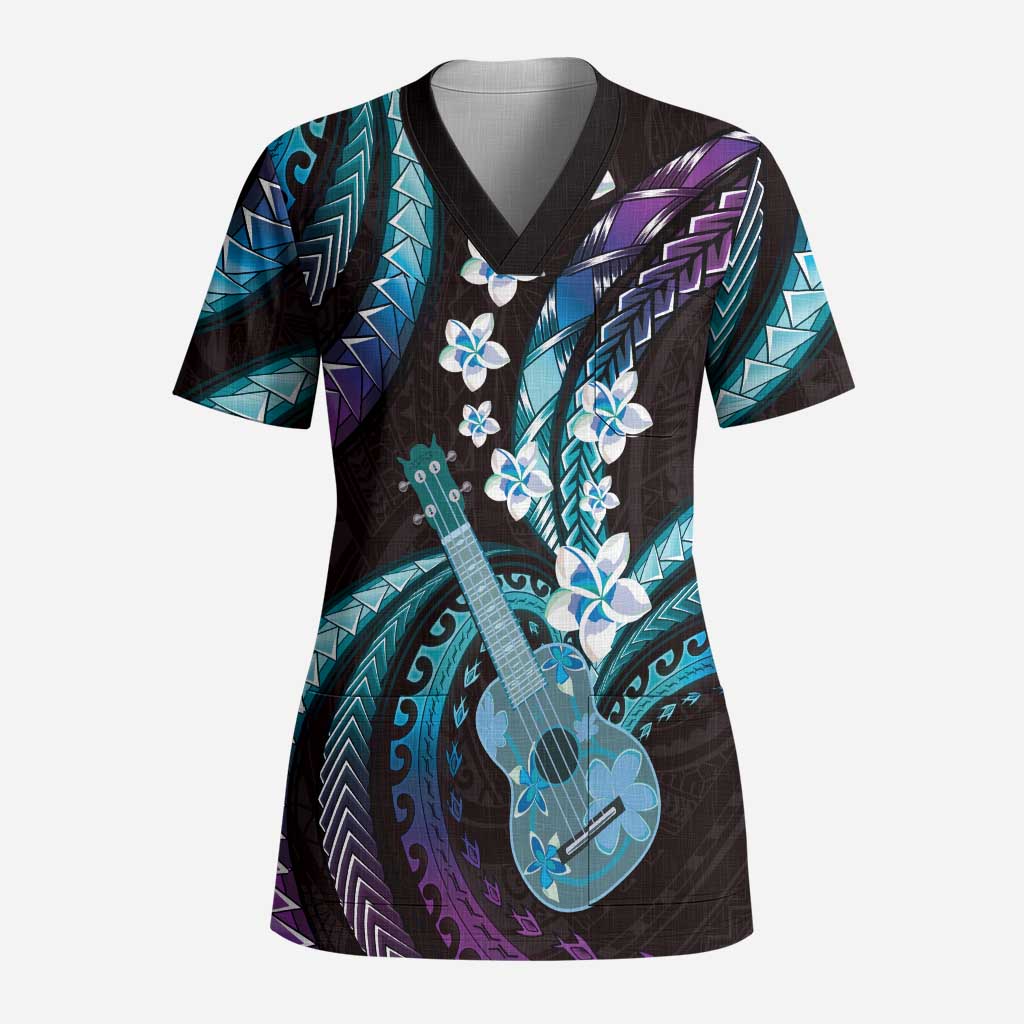 Hawaiian Ukulele Scrub Top Amethyst Gradient Fantastic Plumeria - Polynesian Pride