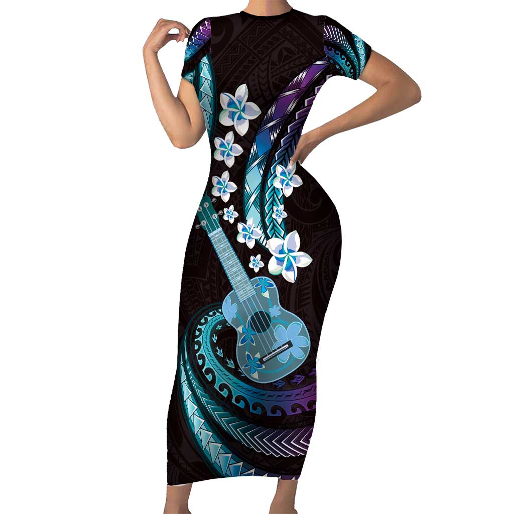 Hawaiian Ukulele Short Sleeve Bodycon Dress Amethyst Gradient Fantastic Plumeria