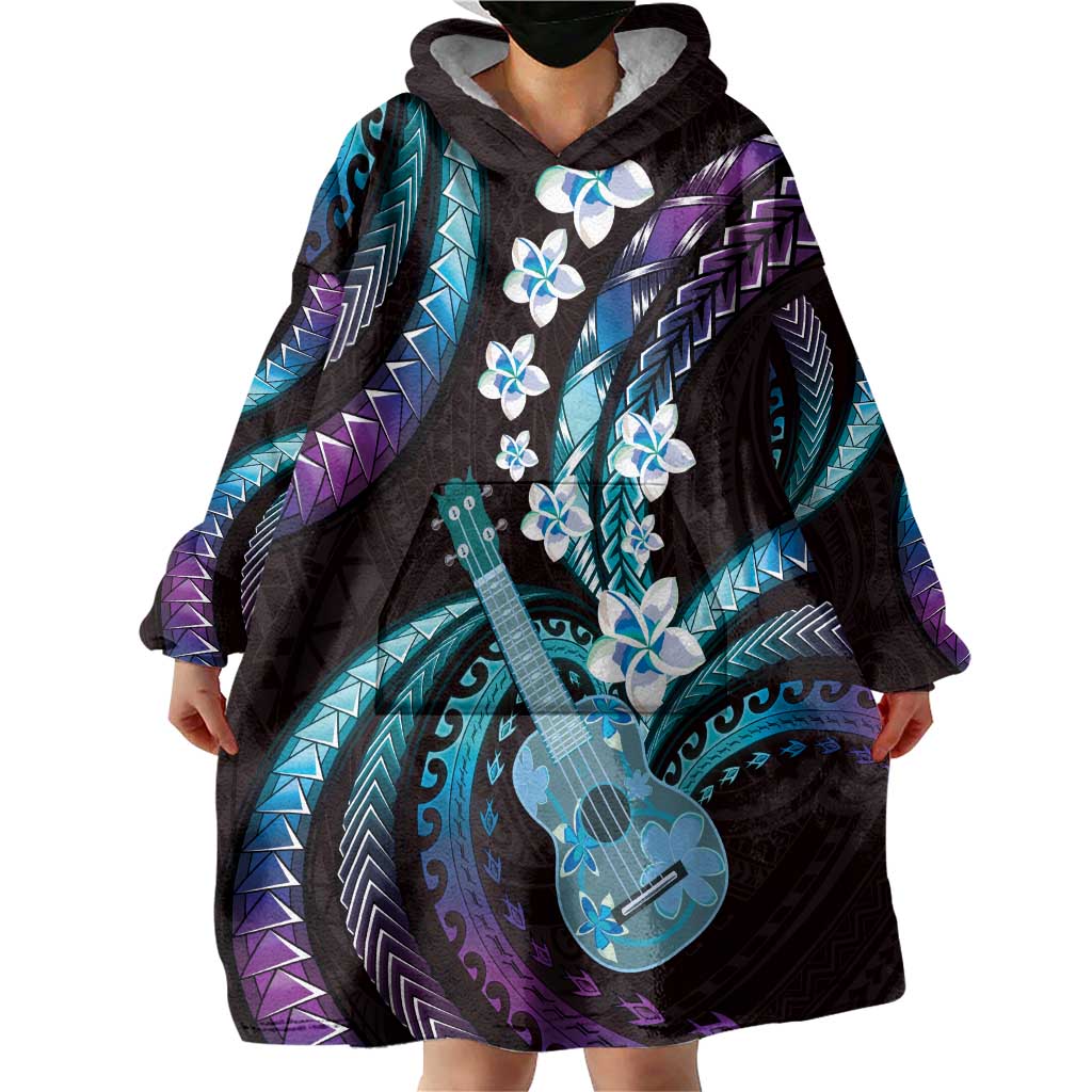 Hawaiian Ukulele Wearable Blanket Hoodie Amethyst Gradient Fantastic Plumeria
