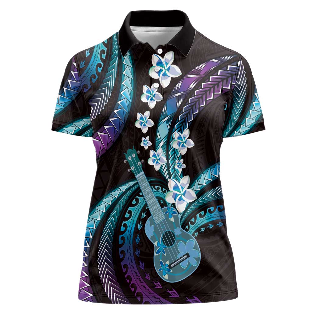 Hawaiian Ukulele Women Polo Shirt Amethyst Gradient Fantastic Plumeria