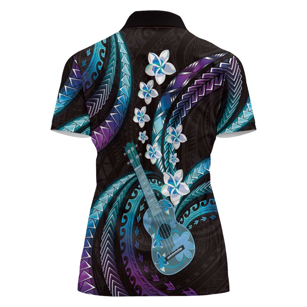 Hawaiian Ukulele Women Polo Shirt Amethyst Gradient Fantastic Plumeria