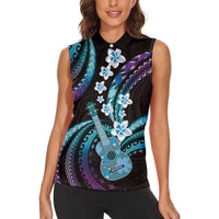 Hawaiian Ukulele Women Sleeveless Polo Shirt Amethyst Gradient Fantastic Plumeria