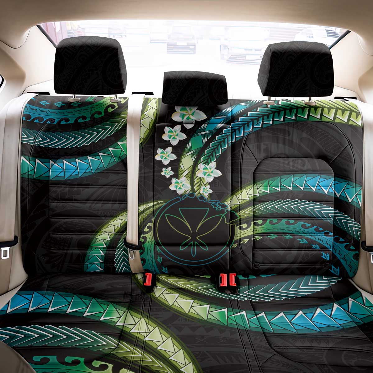 Hawaii Map Kanaka Maoli Back Car Seat Cover Fantastic Frangipani Chartreuse Cyan