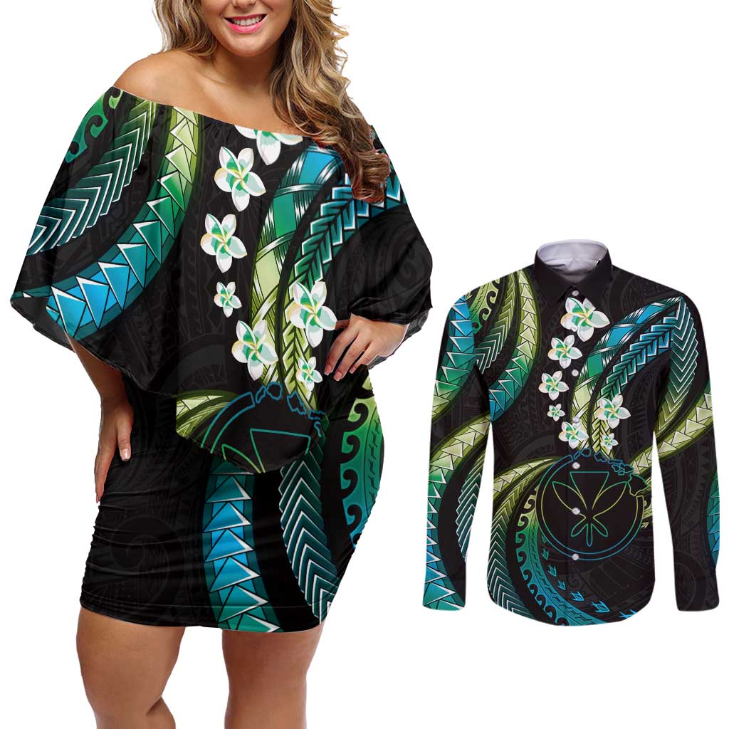 Hawaii Map Kanaka Maoli Couples Matching Off Shoulder Short Dress and Long Sleeve Button Shirt Fantastic Frangipani Chartreuse Cyan