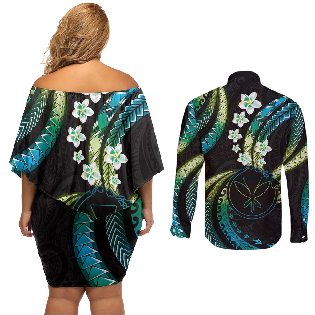 Hawaii Map Kanaka Maoli Couples Matching Off Shoulder Short Dress and Long Sleeve Button Shirt Fantastic Frangipani Chartreuse Cyan