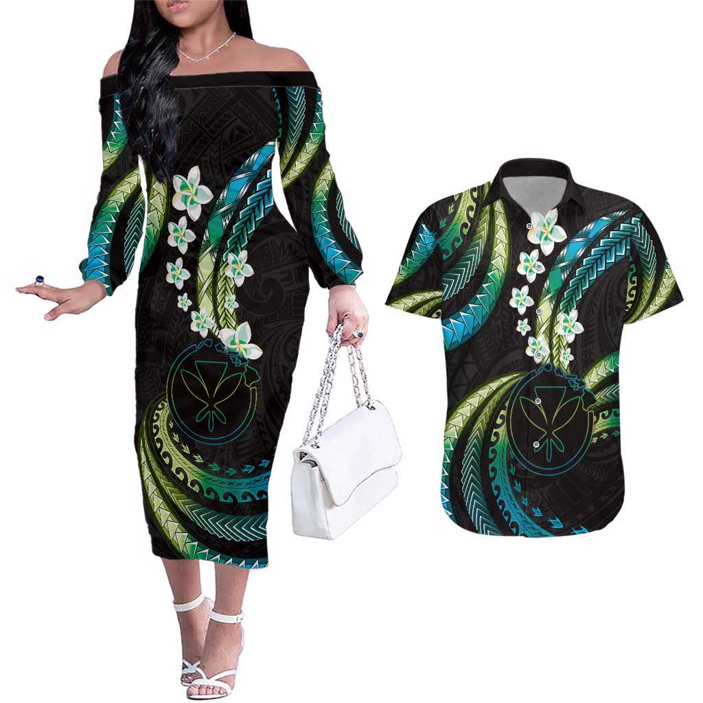 Hawaii Map Kanaka Maoli Couples Matching Off The Shoulder Long Sleeve Dress and Hawaiian Shirt Fantastic Frangipani Chartreuse Cyan